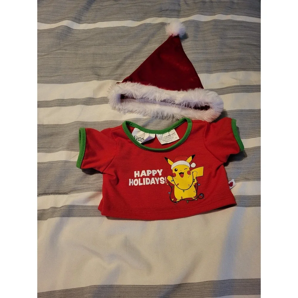 Build-A-Bear Pokémon Pikachu Happy Holidays Shirt & Santa Hat Christmas